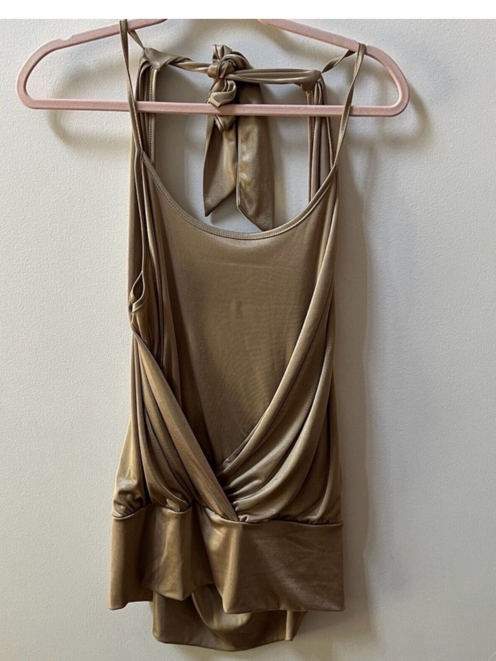 Vintage Never Worn Cache Metallic Gold Draped Halter Camisole